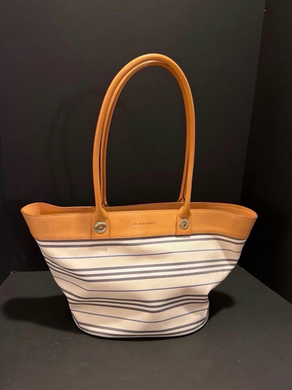Burberry Cream and Tan Striped Canvas Tote